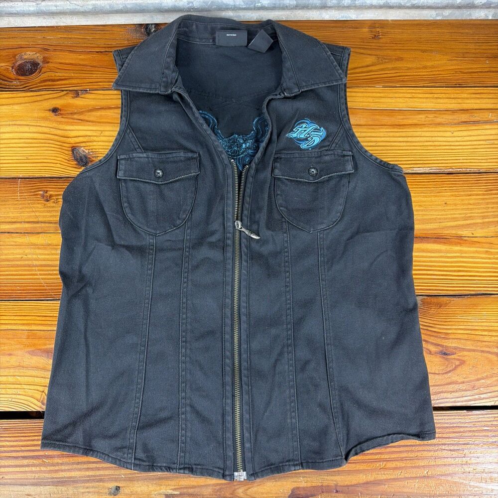 Harley Davidson Zipper Vest Womens Blue Logo Pockets Lace Up Black XL